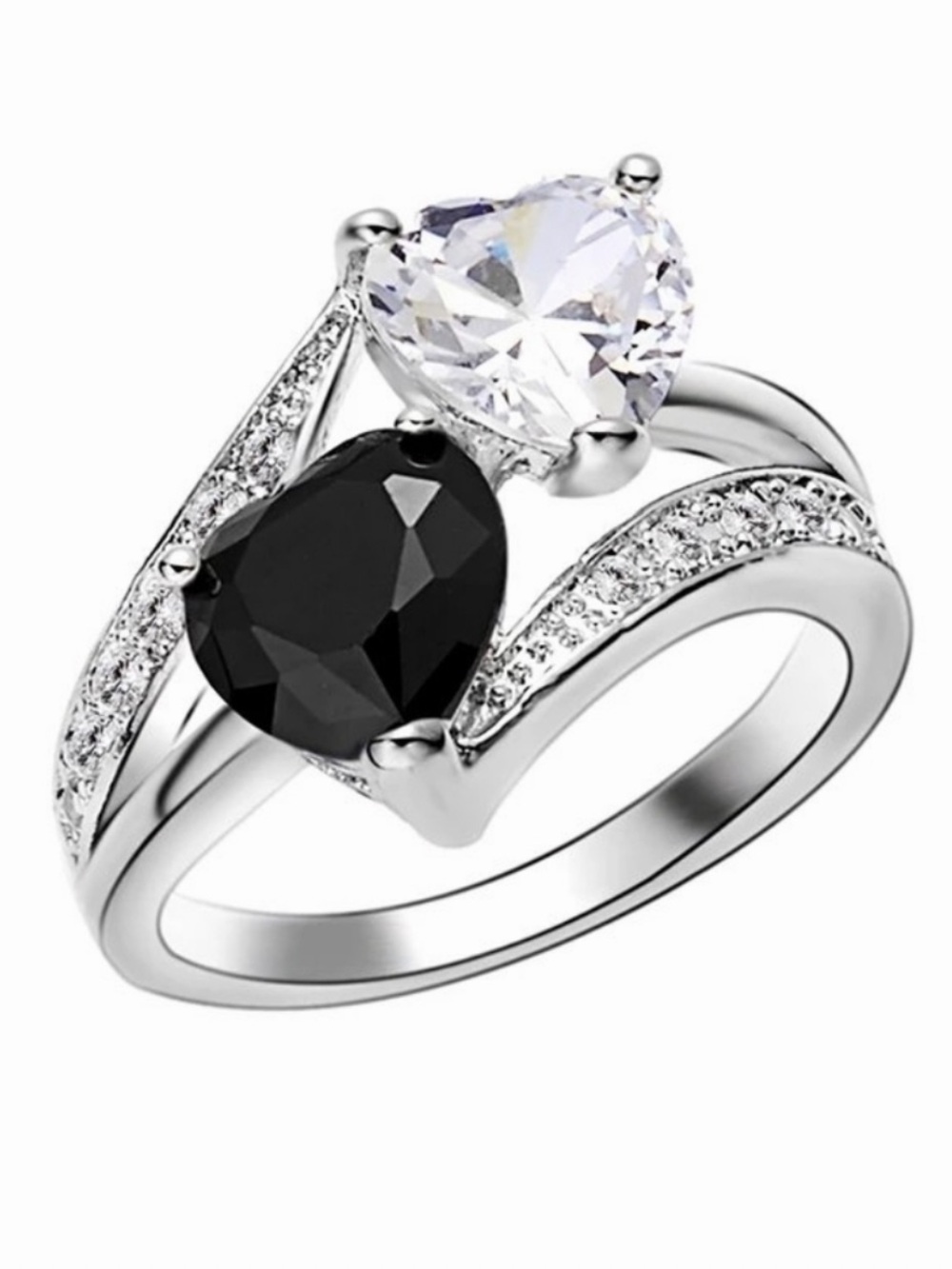 Silver Ring Two Crystal Hearts White and Black NWT